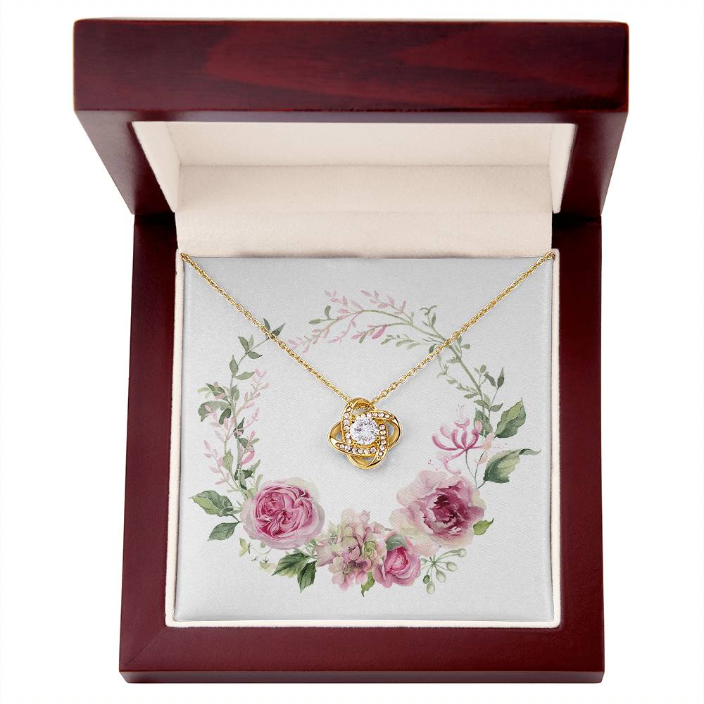 Watercolor Pink Floral Frame 1 - 18K Yellow Gold Finish Love Knot Necklace With Mahogany Style Luxury Box