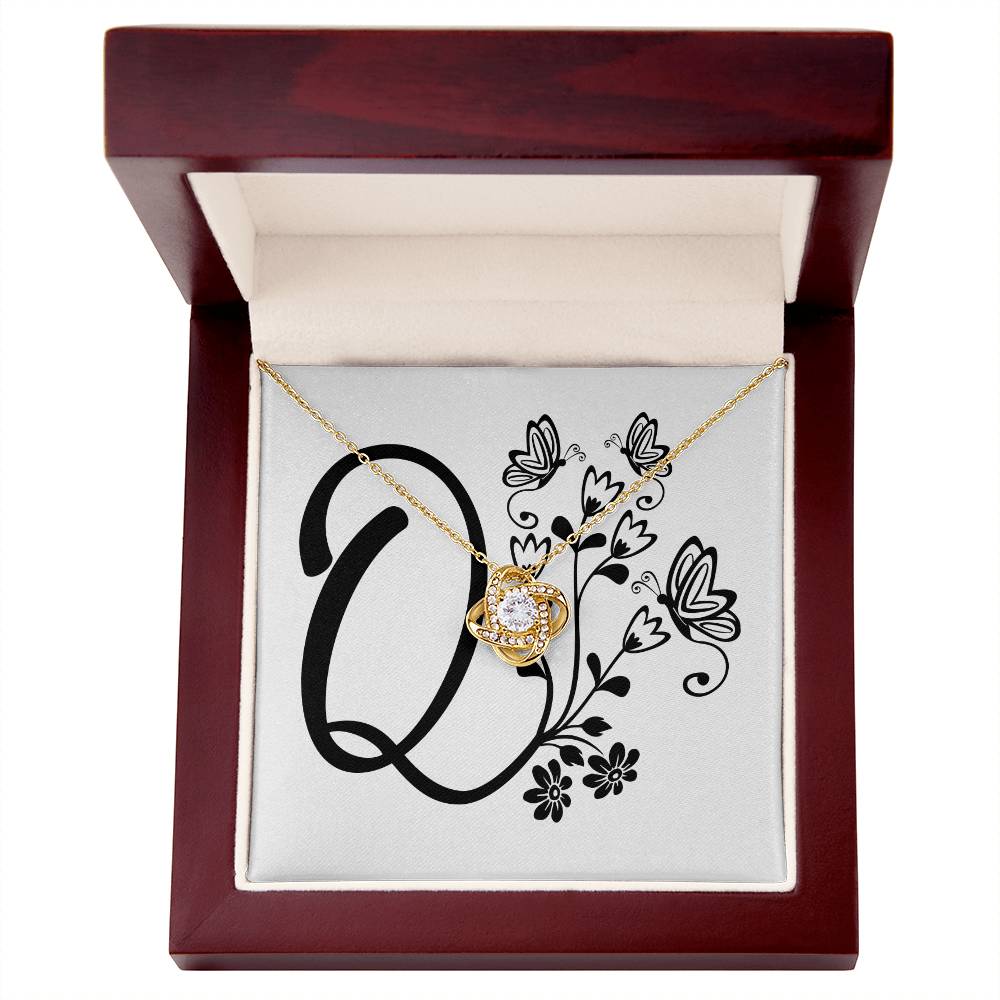 Botanical Monogram Q - 18K Yellow Gold Finish Love Knot Necklace With Mahogany Style Luxury Box
