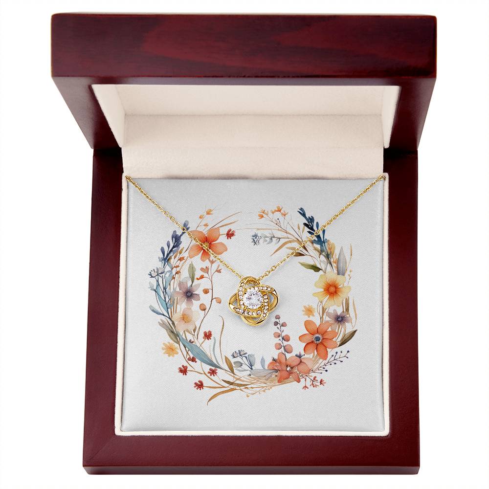 Boho Flowers Wreath Watercolor 06 - 18K Yellow Gold Finish Love Knot Necklace With Mahogany Style Luxury Box