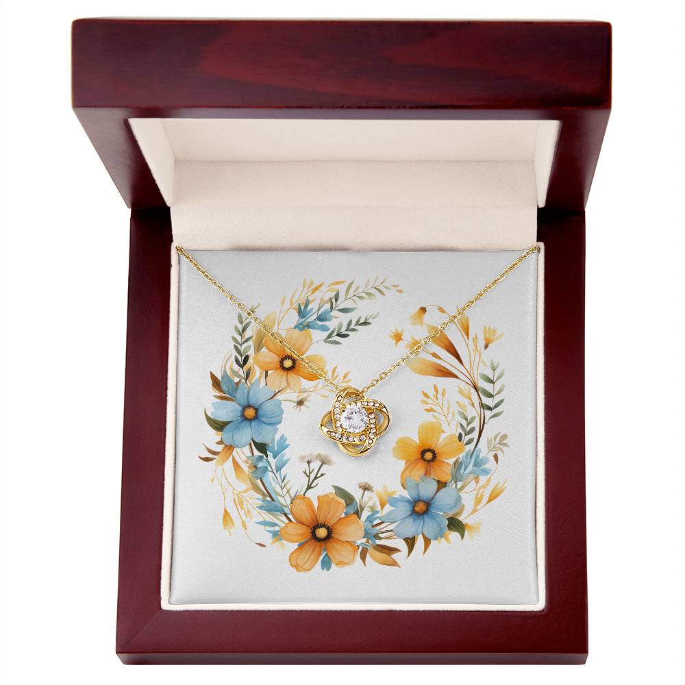 Boho Flowers Wreath Watercolor 13 - 18K Yellow Gold Finish Love Knot Necklace With Mahogany Style Luxury Box