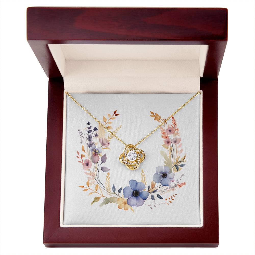 Boho Flowers Wreath Watercolor 02 - 18K Yellow Gold Finish Love Knot Necklace With Mahogany Style Luxury Box