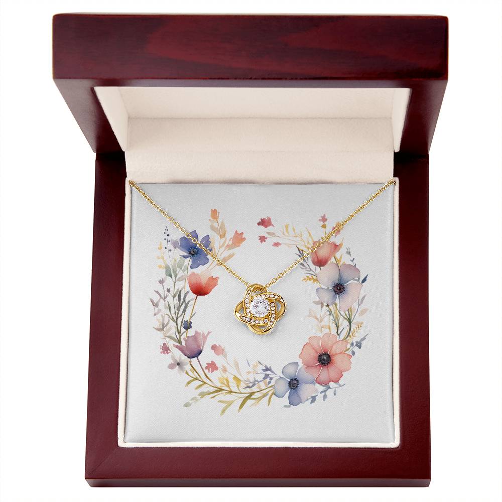 Boho Flowers Wreath Watercolor 18 - 18K Yellow Gold Finish Love Knot Necklace With Mahogany Style Luxury Box