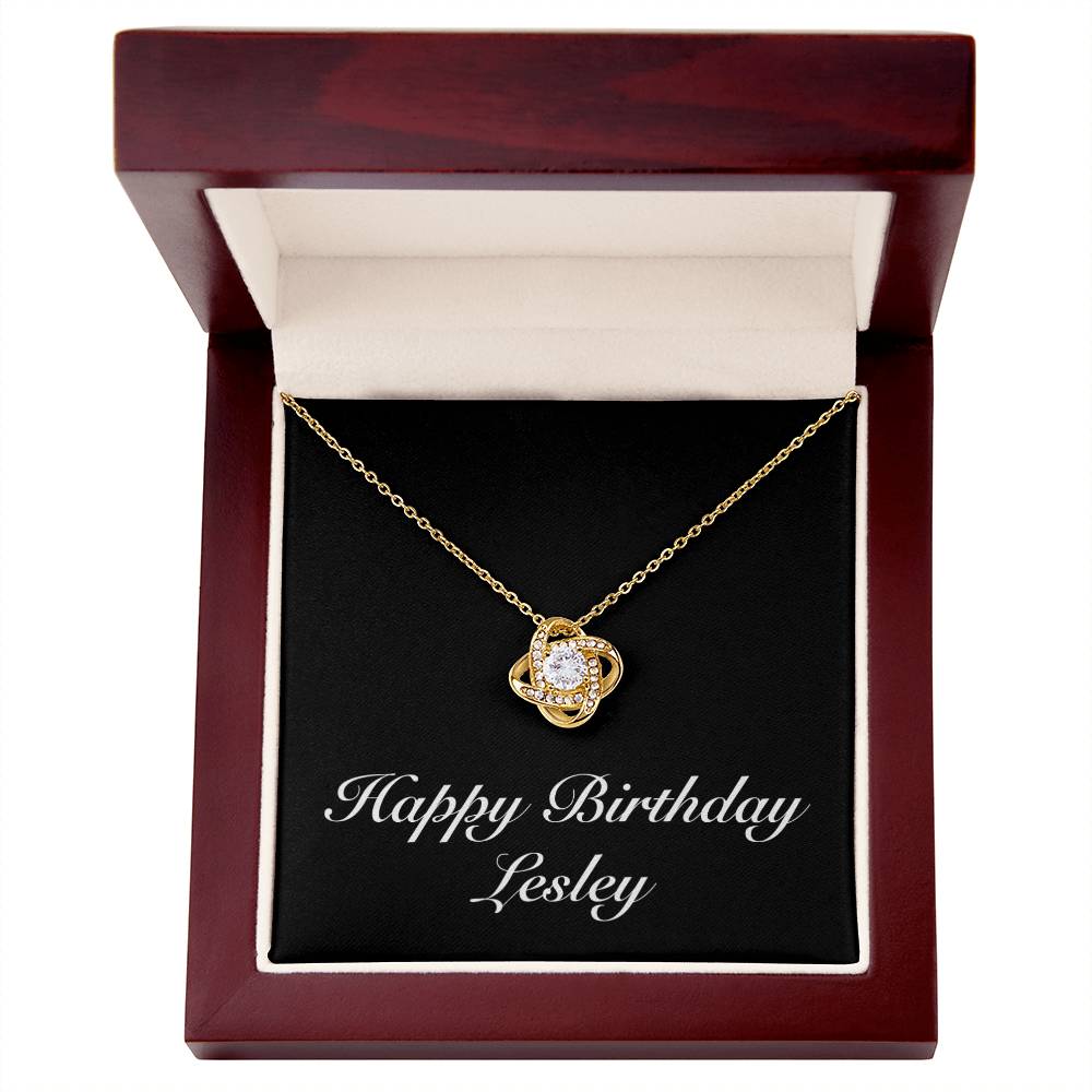 Happy Birthday Lesley v2 - 18K Yellow Gold Finish Love Knot Necklace With Mahogany Style Luxury Box
