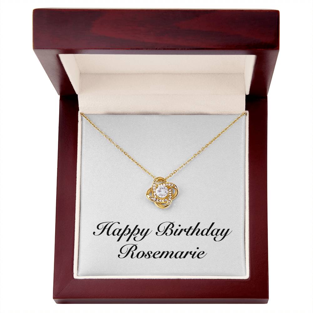 Happy Birthday Rosemarie - 18K Yellow Gold Finish Love Knot Necklace With Mahogany Style Luxury Box