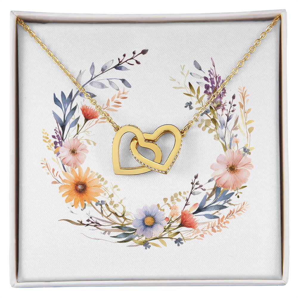 Boho Flowers Wreath Watercolor 19 - 18K Yellow Gold Finish Interlocking Hearts Necklace