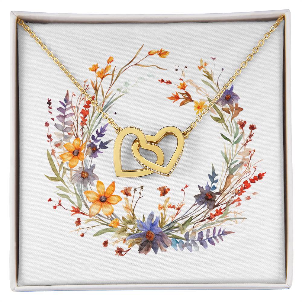 Boho Flowers Wreath Watercolor 14 - 18K Yellow Gold Finish Interlocking Hearts Necklace