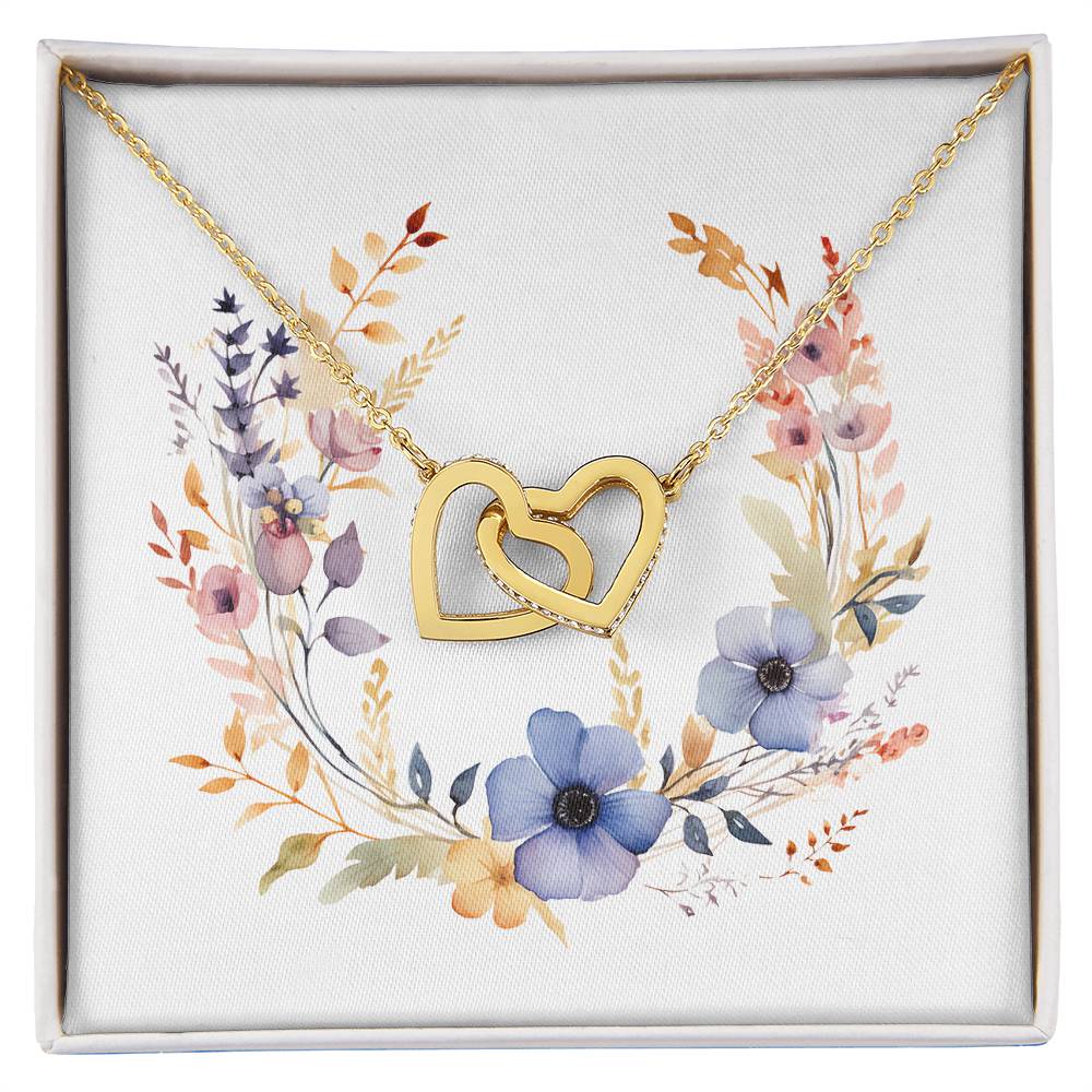 Boho Flowers Wreath Watercolor 02 - 18K Yellow Gold Finish Interlocking Hearts Necklace