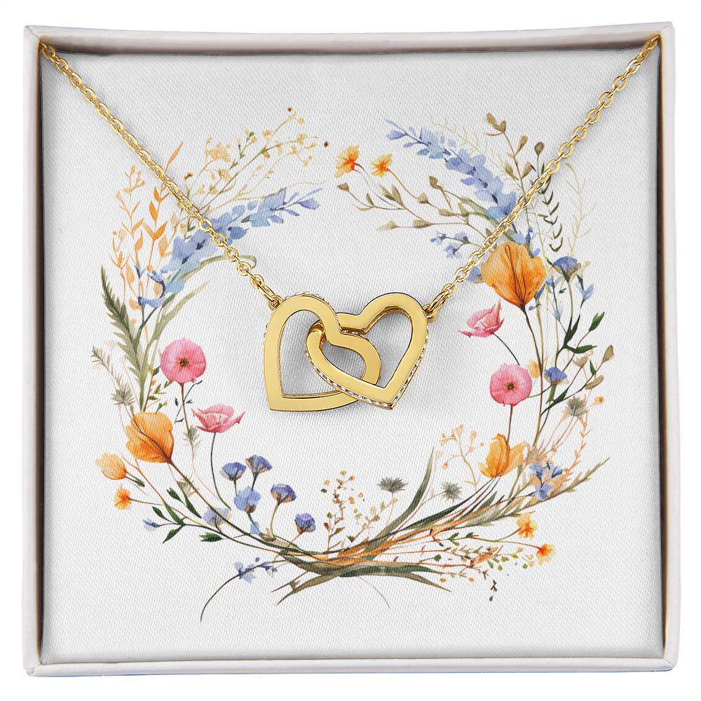 Boho Flowers Wreath Watercolor 15 - 18K Yellow Gold Finish Interlocking Hearts Necklace