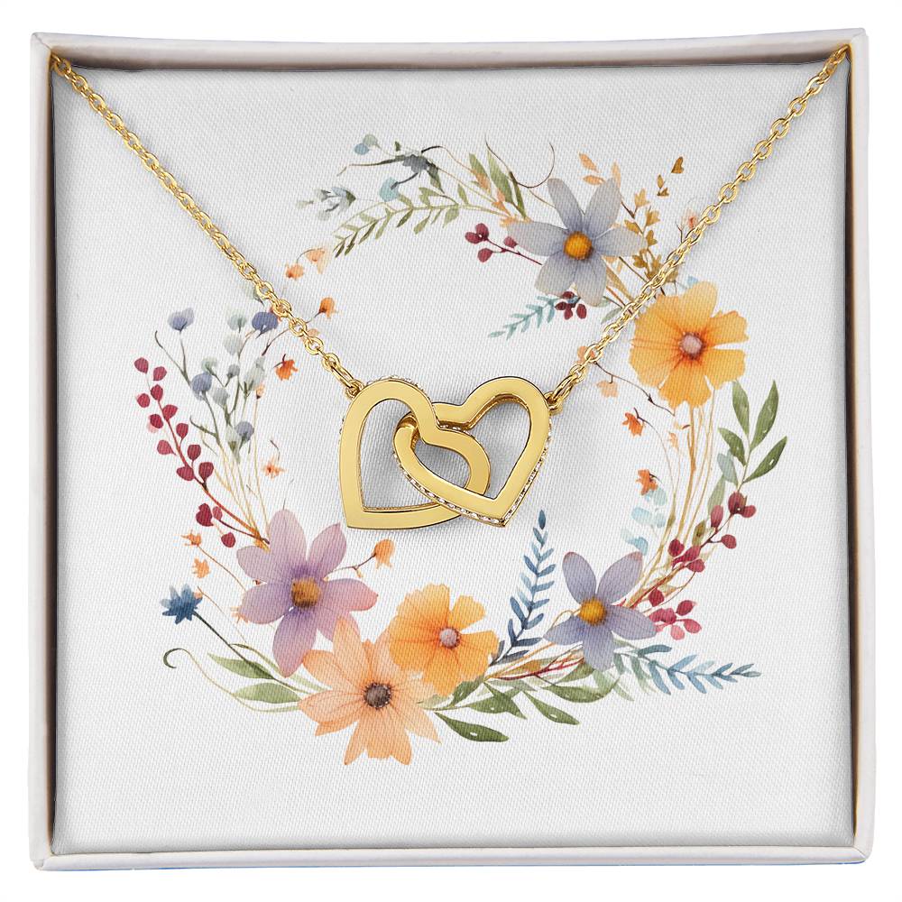 Boho Flowers Wreath Watercolor 10 - 18K Yellow Gold Finish Interlocking Hearts Necklace