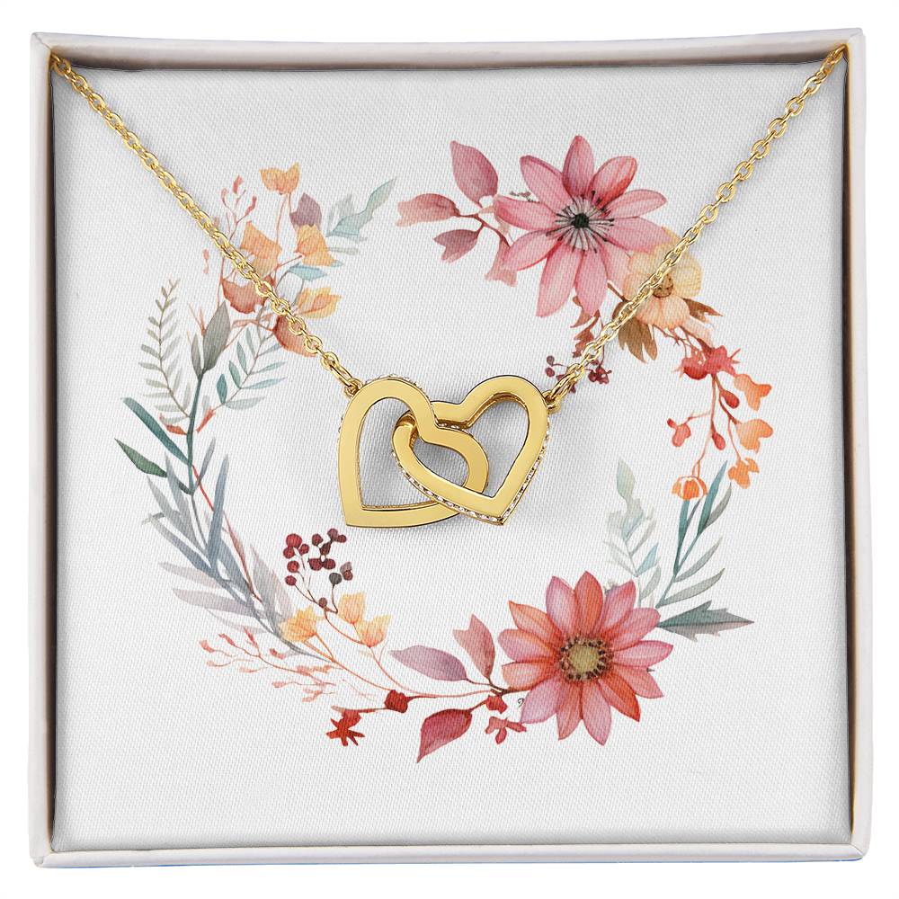 Boho Flowers Wreath Watercolor 20 - 18K Yellow Gold Finish Interlocking Hearts Necklace