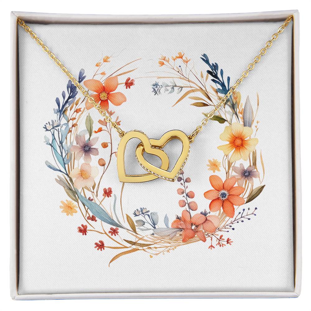 Boho Flowers Wreath Watercolor 06 - 18K Yellow Gold Finish Interlocking Hearts Necklace