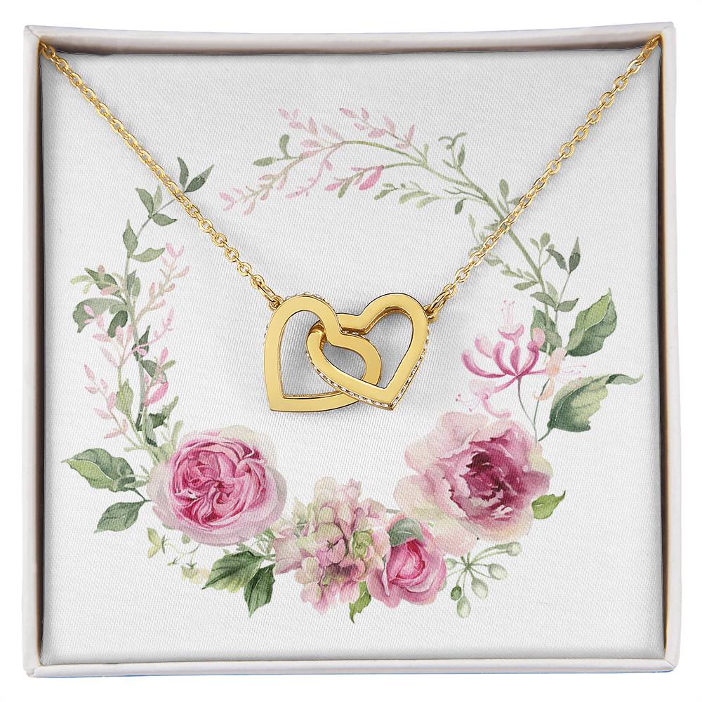 Watercolor Pink Floral Frame 1 - 18K Yellow Gold Finish Interlocking Hearts Necklace