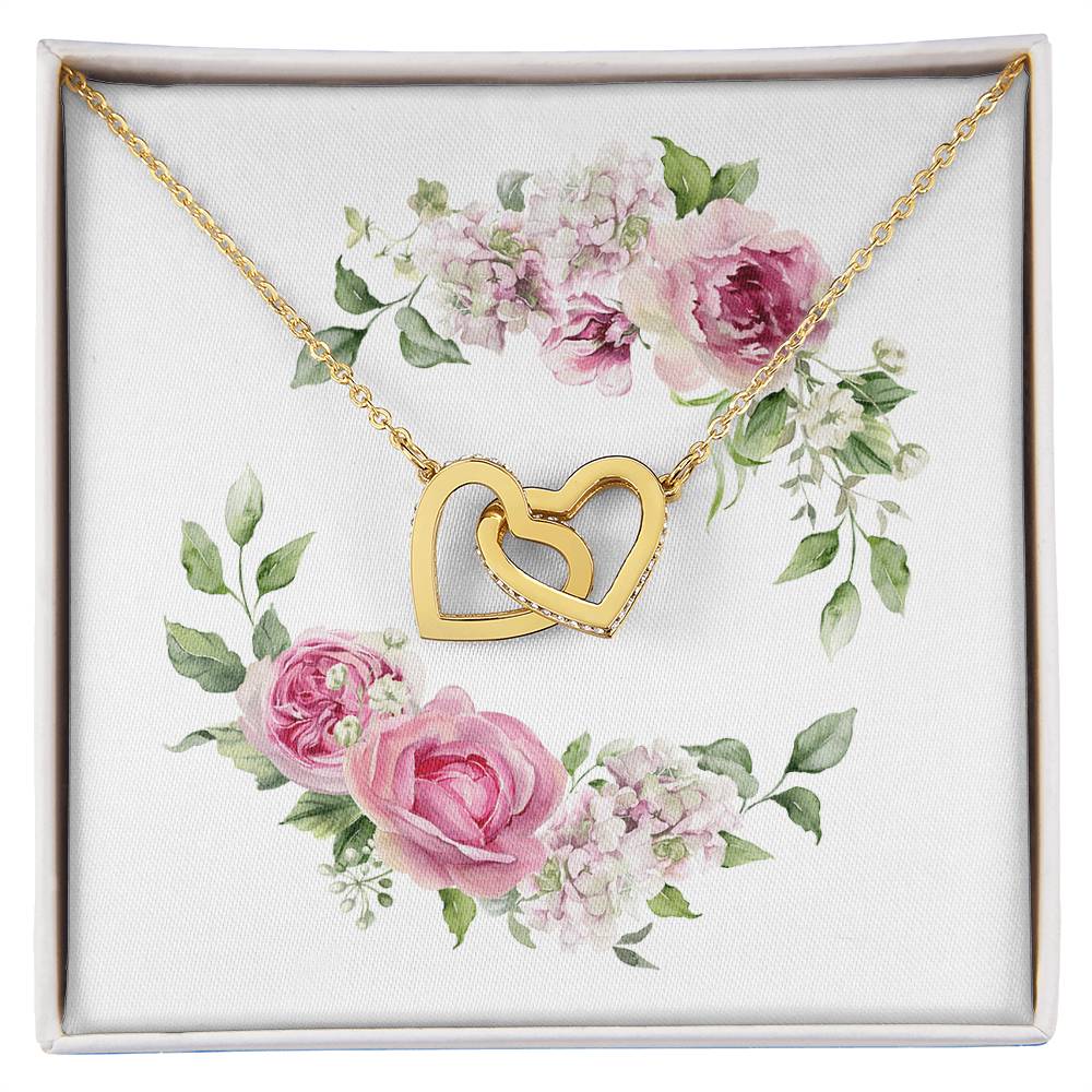 Watercolor Pink Floral Frame 2 - 18K Yellow Gold Finish Interlocking Hearts Necklace