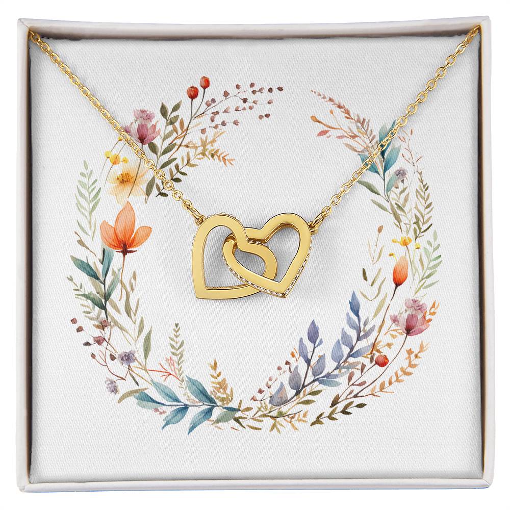Boho Flowers Wreath Watercolor 16 - 18K Yellow Gold Finish Interlocking Hearts Necklace