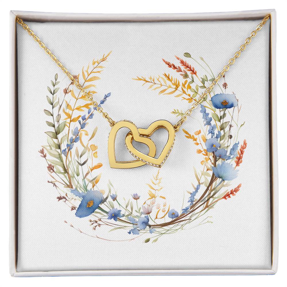 Boho Flowers Wreath Watercolor 03 - 18K Yellow Gold Finish Interlocking Hearts Necklace