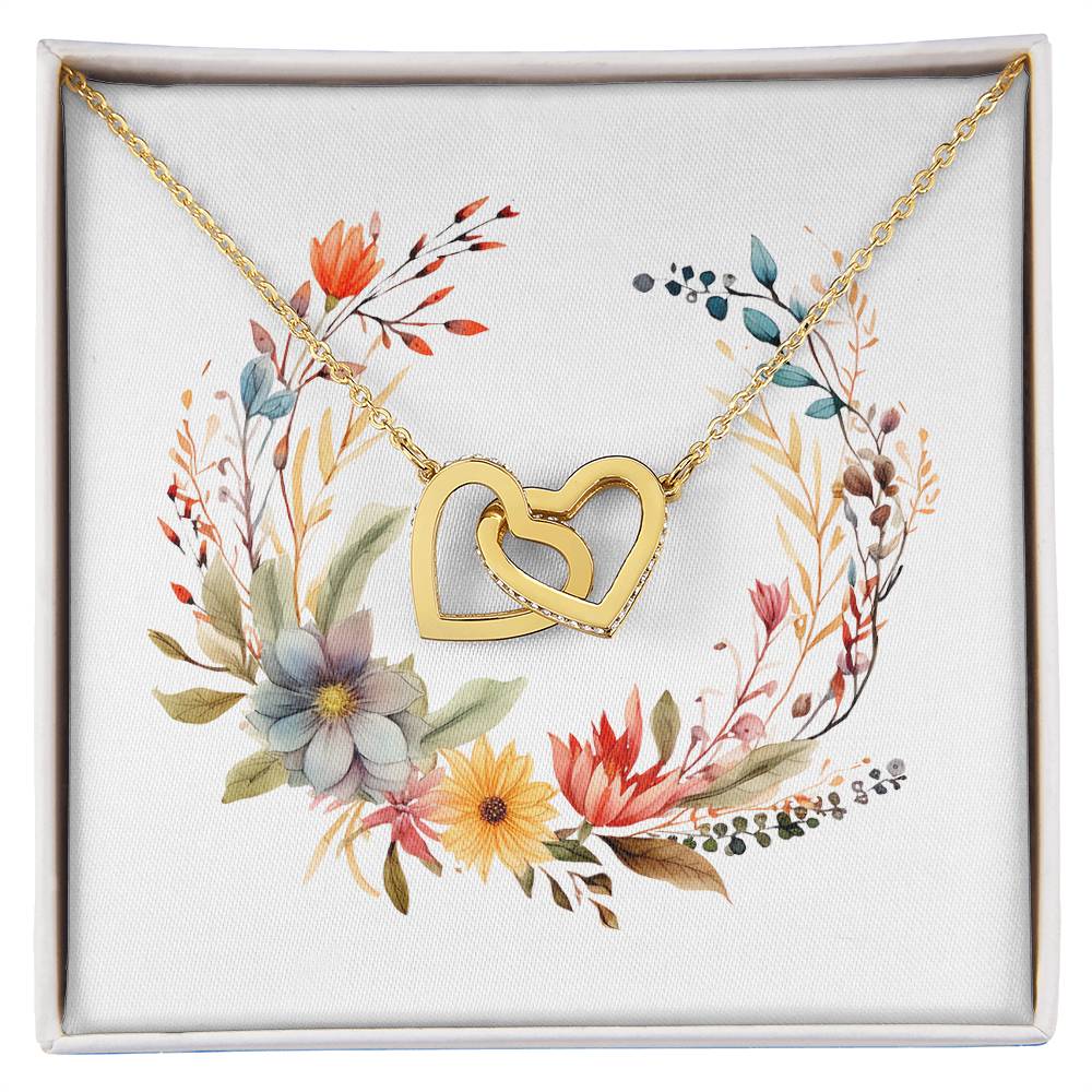 Boho Flowers Wreath Watercolor 17 - 18K Yellow Gold Finish Interlocking Hearts Necklace