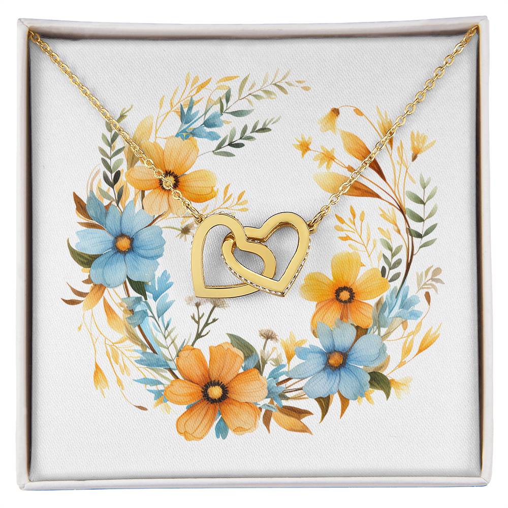 Boho Flowers Wreath Watercolor 13 - 18K Yellow Gold Finish Interlocking Hearts Necklace