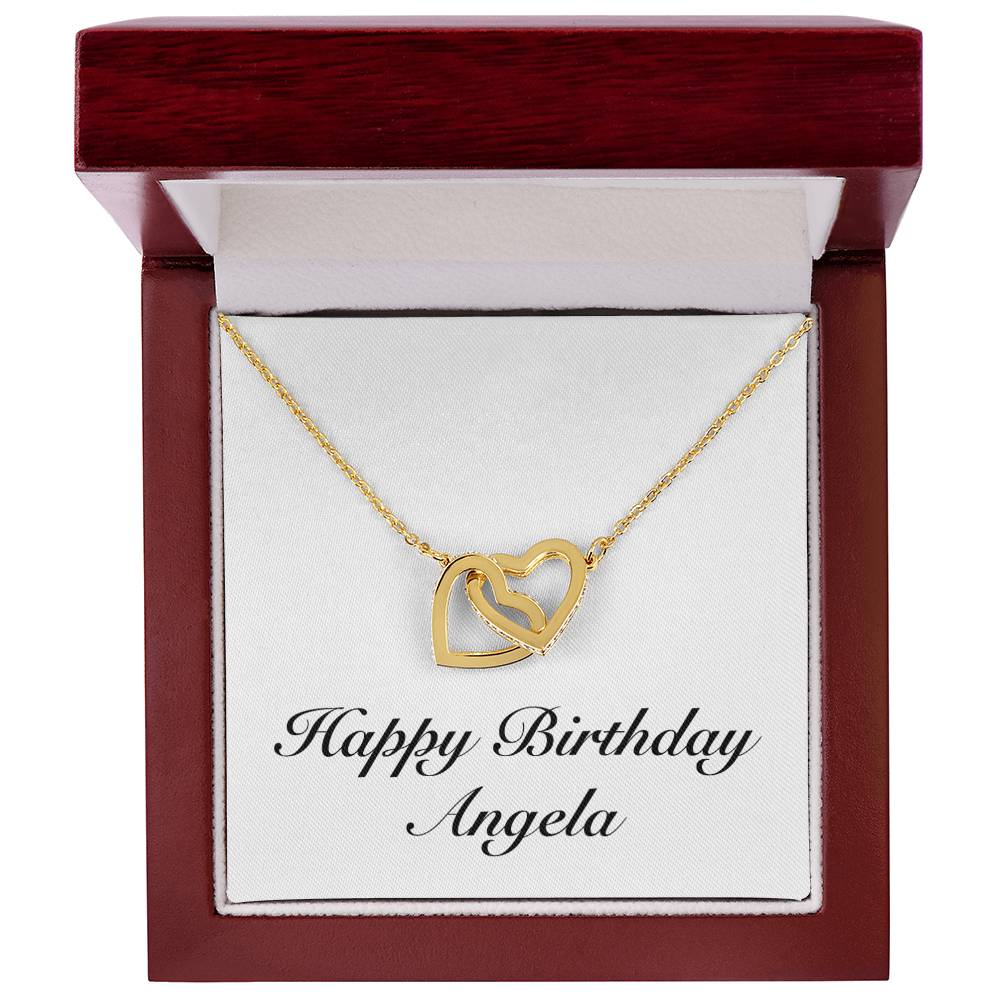 Happy Birthday Angela - 18K Yellow Gold Finish Interlocking Hearts Necklace With Mahogany Style Luxury Box