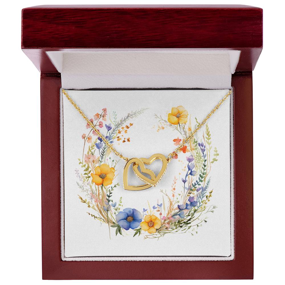 Boho Flowers Wreath Watercolor 12 - 18K Yellow Gold Finish Interlocking Hearts Necklace With Mahogany Style Luxury Box