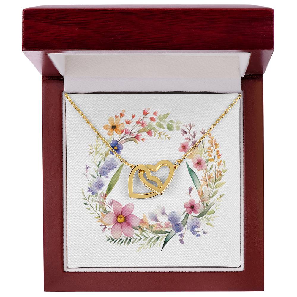 Boho Flowers Wreath Watercolor 07 - 18K Yellow Gold Finish Interlocking Hearts Necklace With Mahogany Style Luxury Box