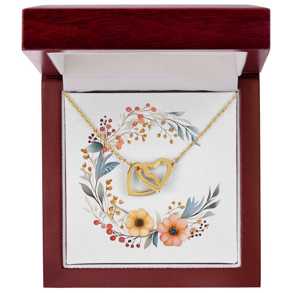 Boho Flowers Wreath Watercolor 04 - 18K Yellow Gold Finish Interlocking Hearts Necklace With Mahogany Style Luxury Box