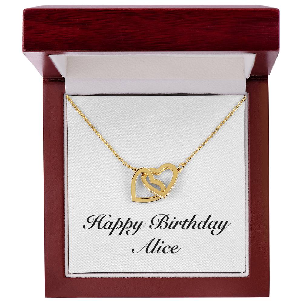 Happy Birthday Alice - 18K Yellow Gold Finish Interlocking Hearts Necklace With Mahogany Style Luxury Box