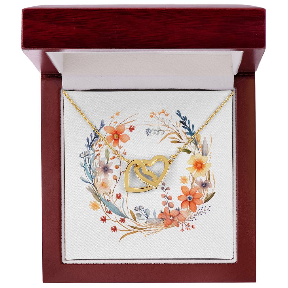 Boho Flowers Wreath Watercolor 06 - 18K Yellow Gold Finish Interlocking Hearts Necklace With Mahogany Style Luxury Box
