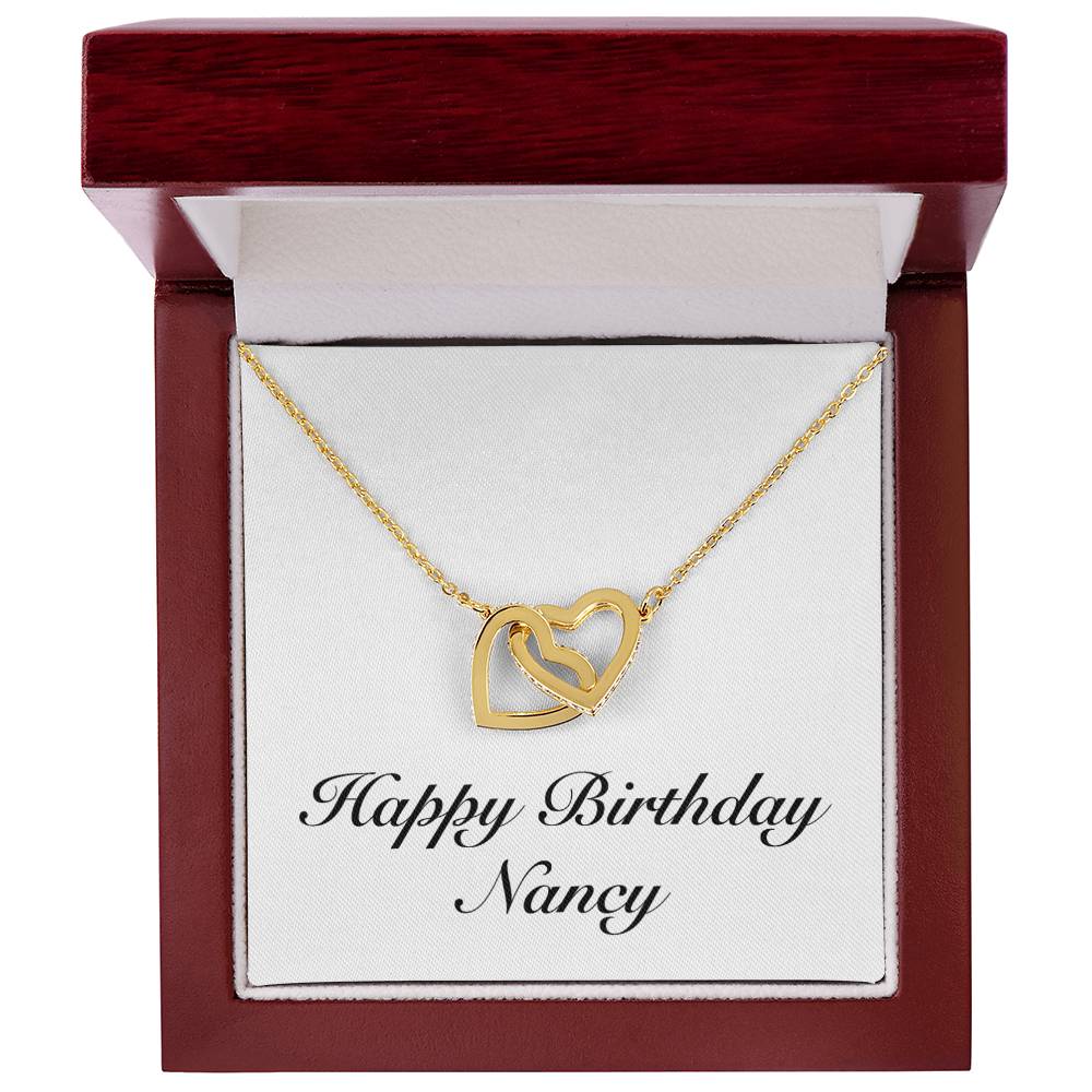 Happy Birthday Nancy - 18K Yellow Gold Finish Interlocking Hearts Necklace With Mahogany Style Luxury Box