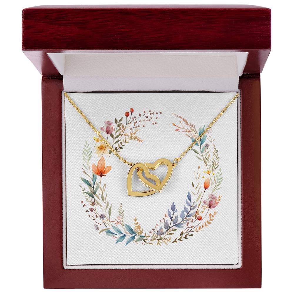 Boho Flowers Wreath Watercolor 16 - 18K Yellow Gold Finish Interlocking Hearts Necklace With Mahogany Style Luxury Box