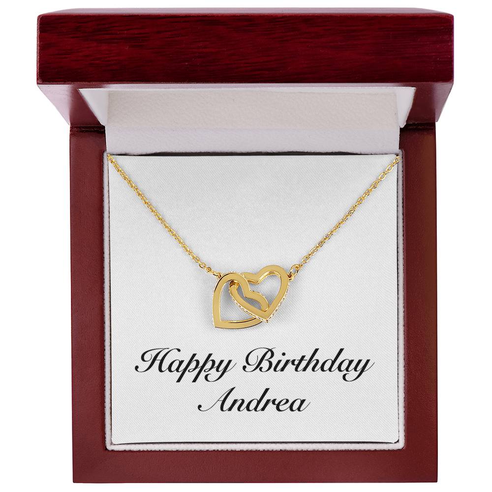 Happy Birthday Andrea - 18K Yellow Gold Finish Interlocking Hearts Necklace With Mahogany Style Luxury Box