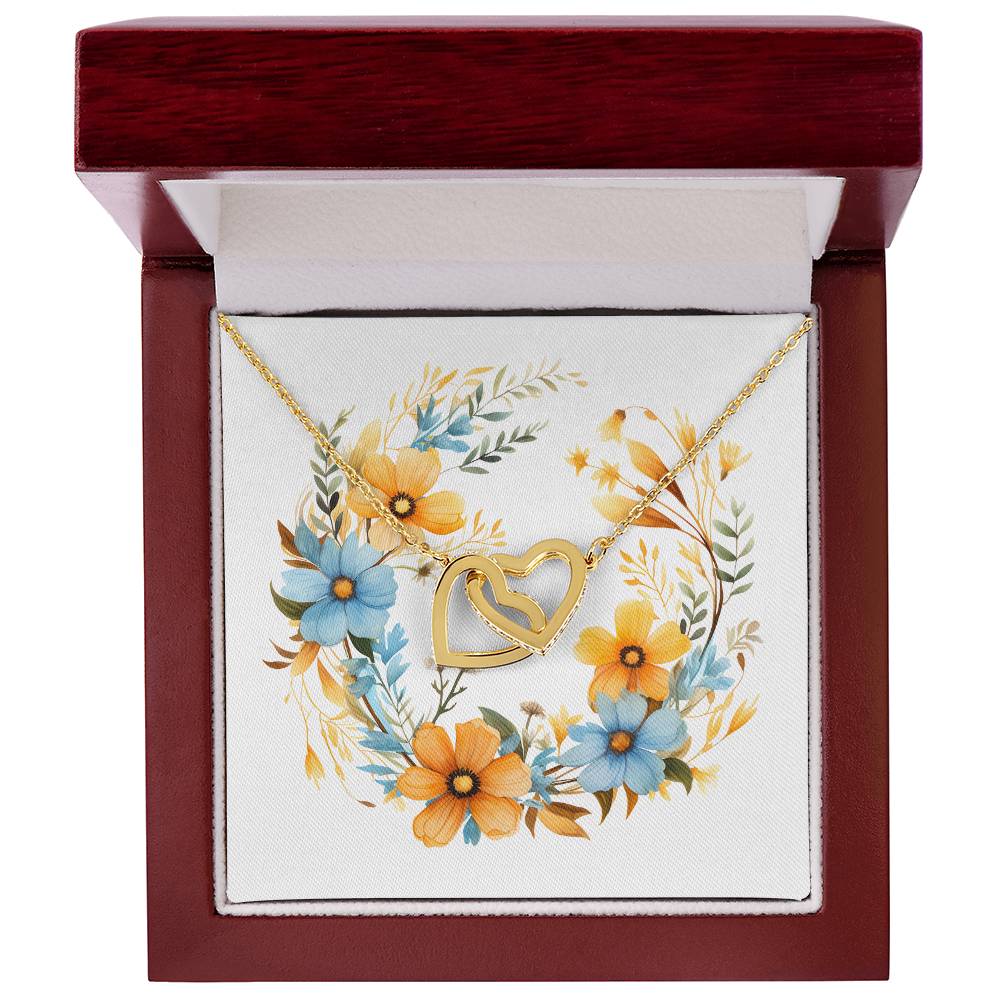 Boho Flowers Wreath Watercolor 13 - 18K Yellow Gold Finish Interlocking Hearts Necklace With Mahogany Style Luxury Box