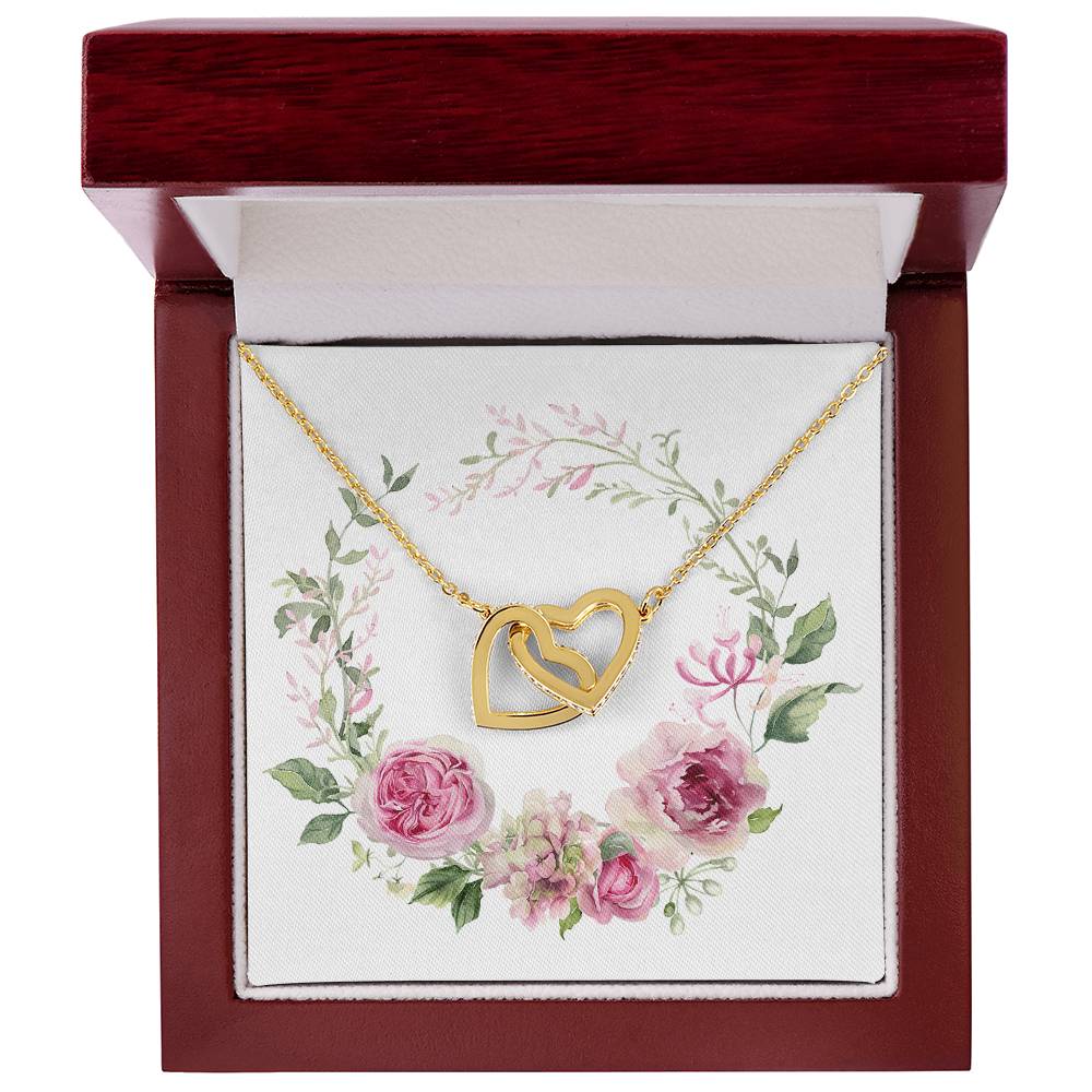 Watercolor Pink Floral Frame 1 - 18K Yellow Gold Finish Interlocking Hearts Necklace With Mahogany Style Luxury Box