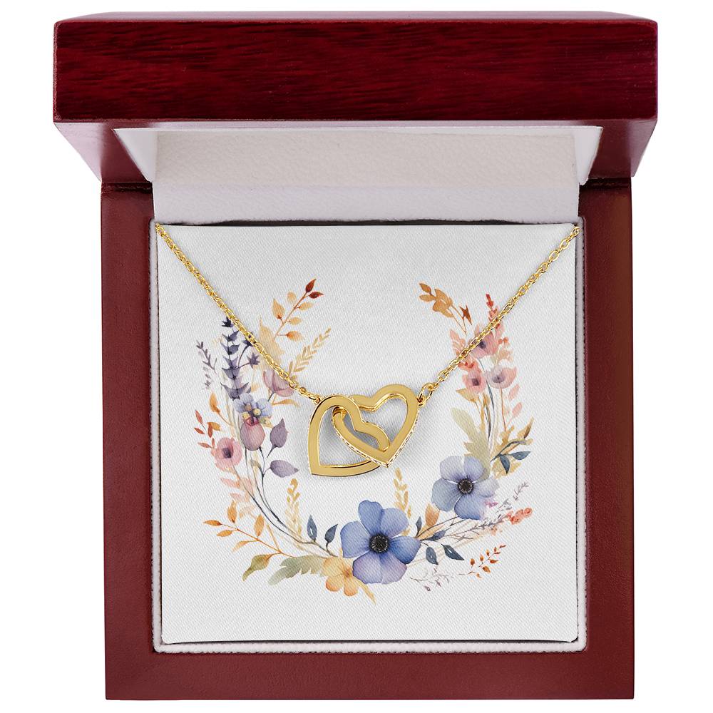 Boho Flowers Wreath Watercolor 02 - 18K Yellow Gold Finish Interlocking Hearts Necklace With Mahogany Style Luxury Box