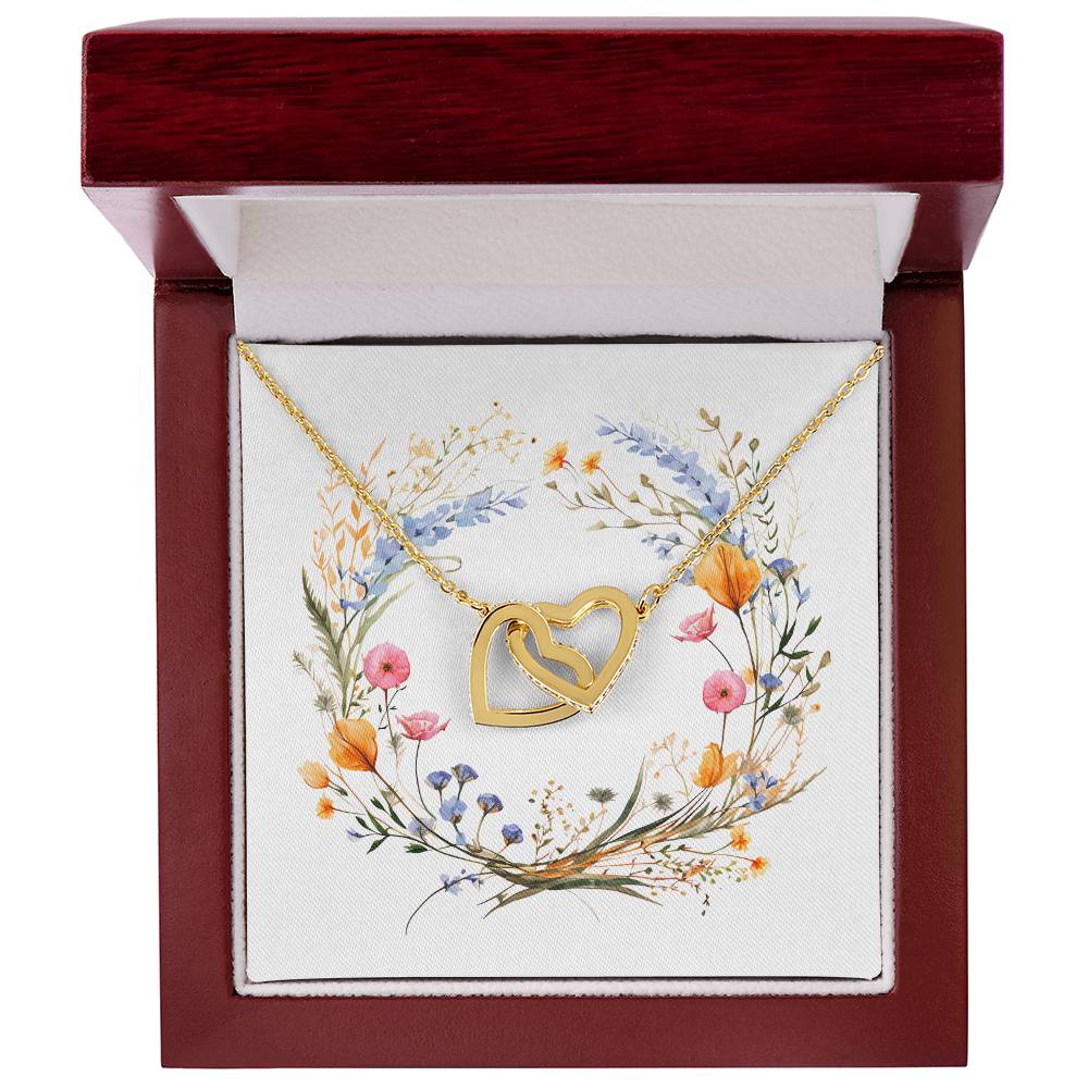 Boho Flowers Wreath Watercolor 15 - 18K Yellow Gold Finish Interlocking Hearts Necklace With Mahogany Style Luxury Box