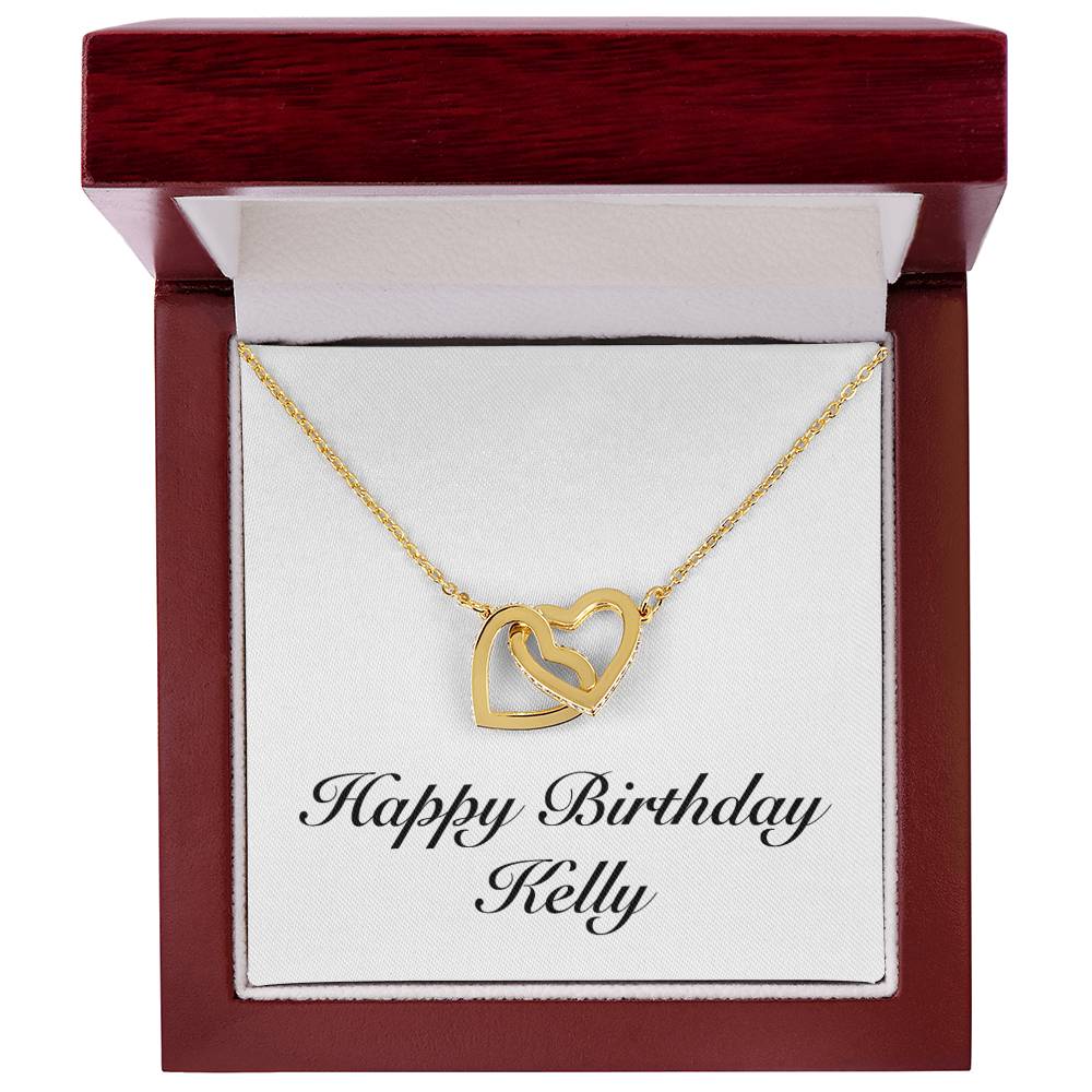 Happy Birthday Kelly - 18K Yellow Gold Finish Interlocking Hearts Necklace With Mahogany Style Luxury Box