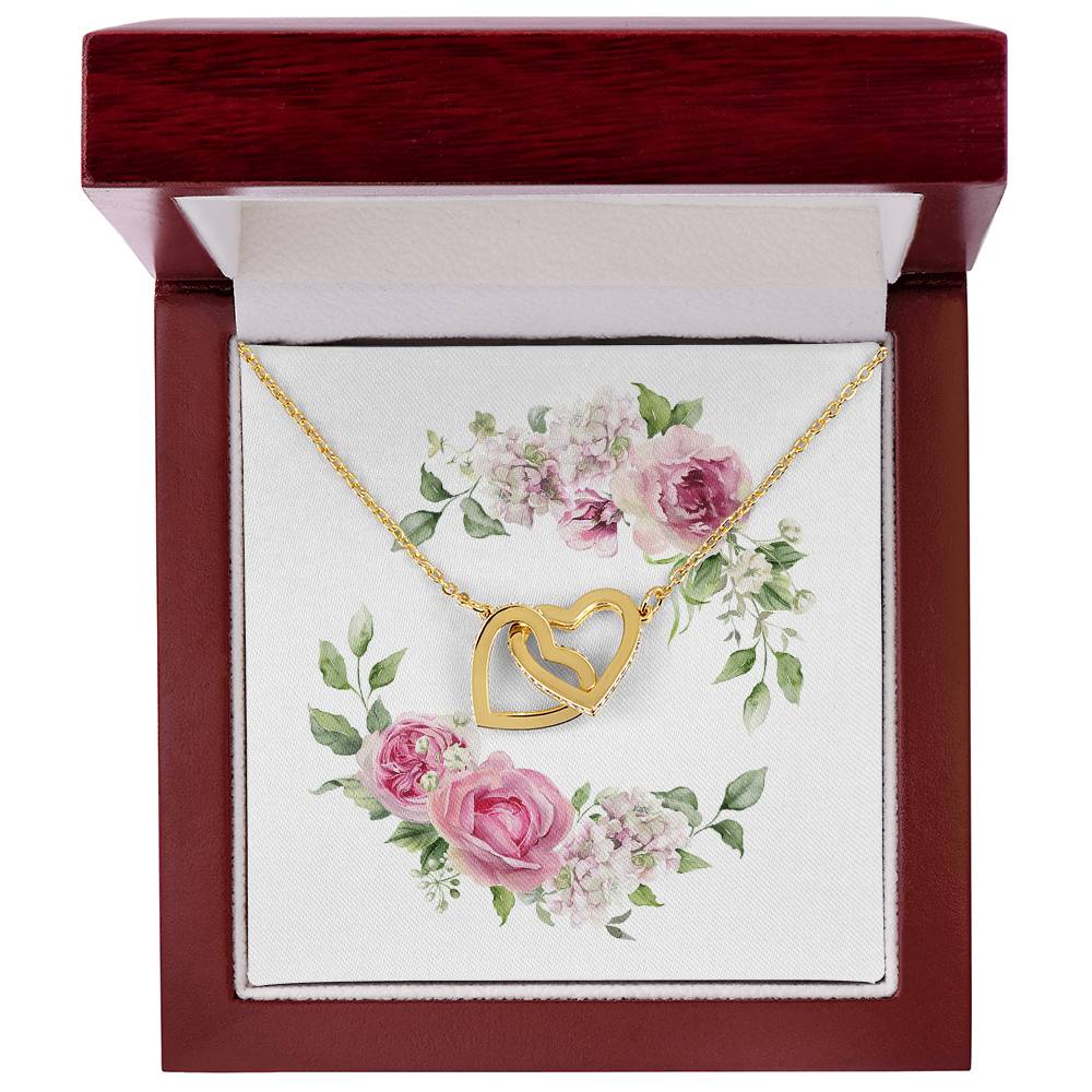 Watercolor Pink Floral Frame 2 - 18K Yellow Gold Finish Interlocking Hearts Necklace With Mahogany Style Luxury Box