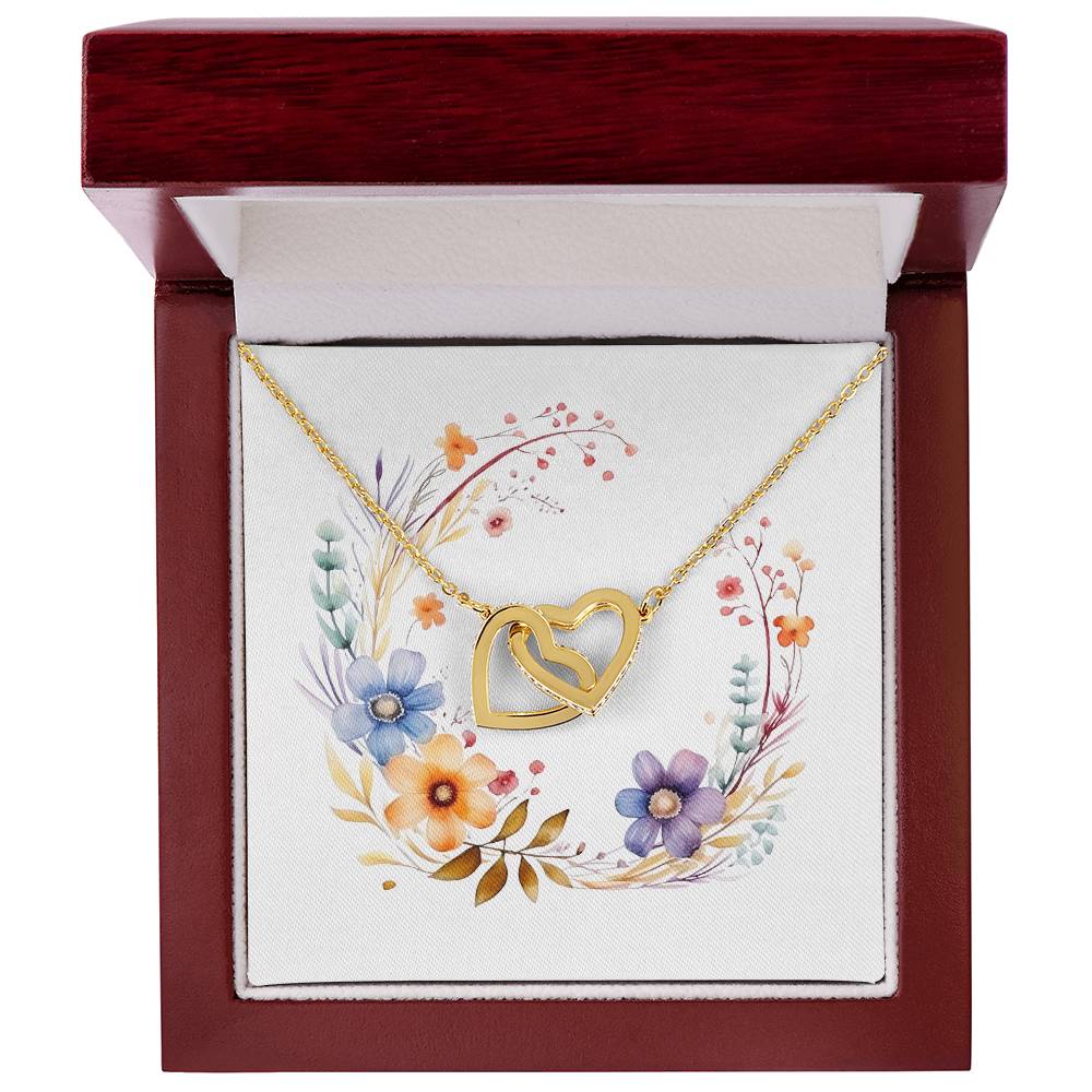 Boho Flowers Wreath Watercolor 11 - 18K Yellow Gold Finish Interlocking Hearts Necklace With Mahogany Style Luxury Box