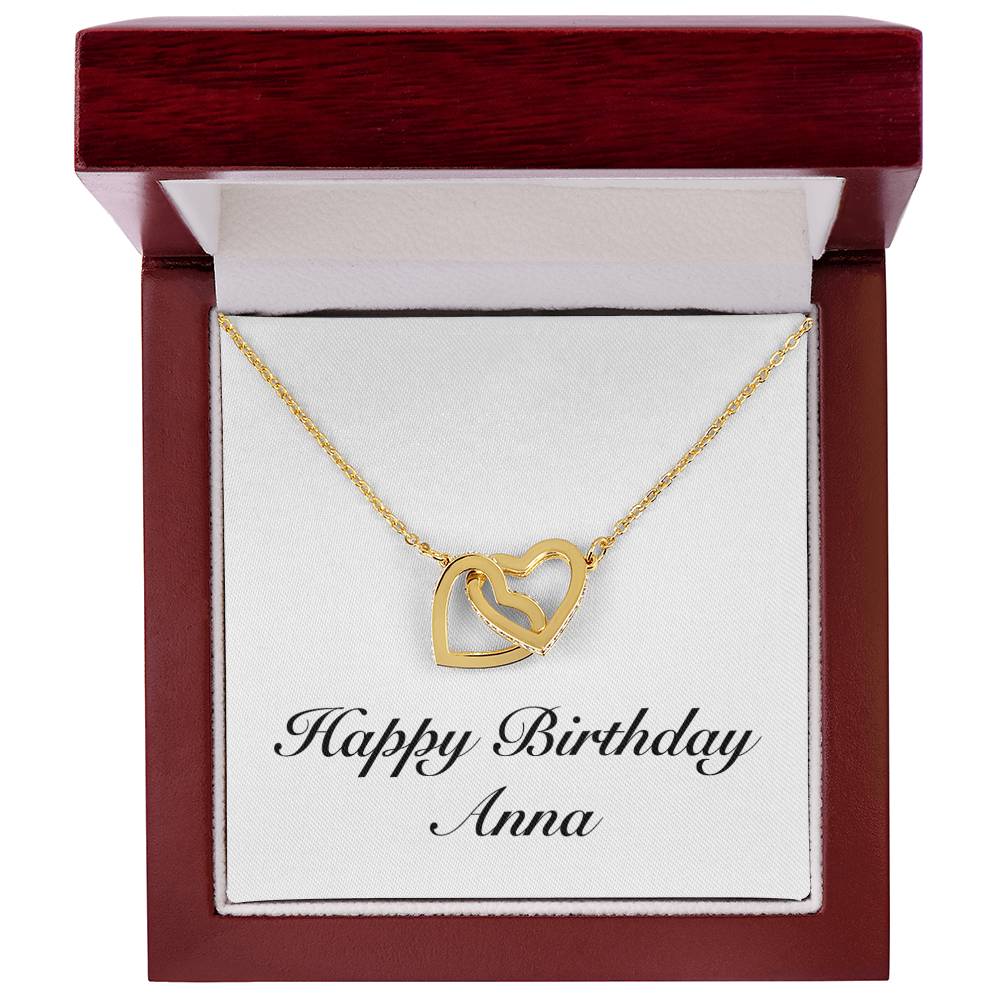 Happy Birthday Anna - 18K Yellow Gold Finish Interlocking Hearts Necklace With Mahogany Style Luxury Box