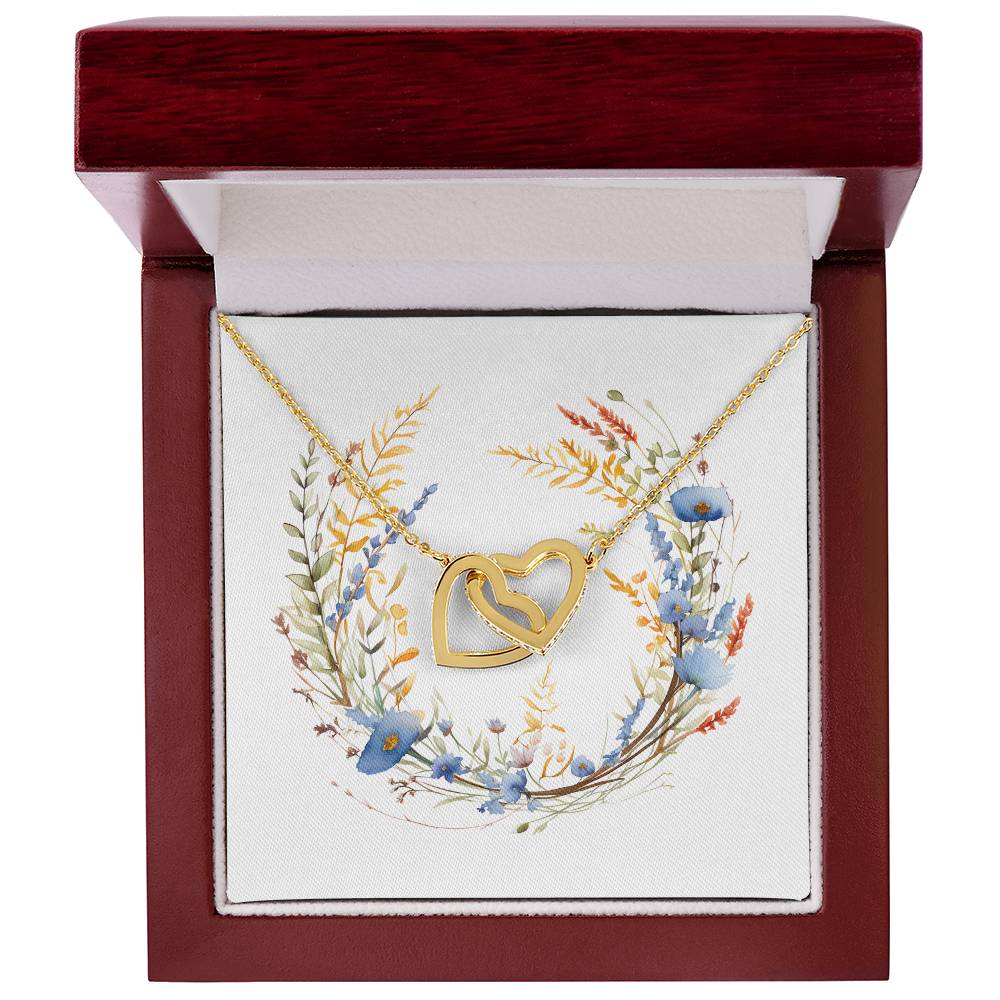 Boho Flowers Wreath Watercolor 03 - 18K Yellow Gold Finish Interlocking Hearts Necklace With Mahogany Style Luxury Box