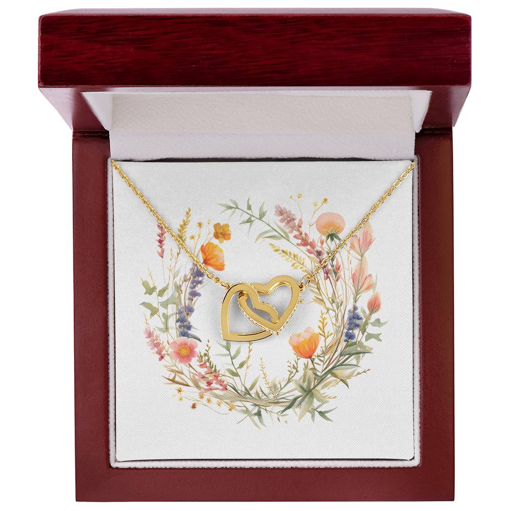 Boho Flowers Wreath Watercolor 09 - 18K Yellow Gold Finish Interlocking Hearts Necklace With Mahogany Style Luxury Box