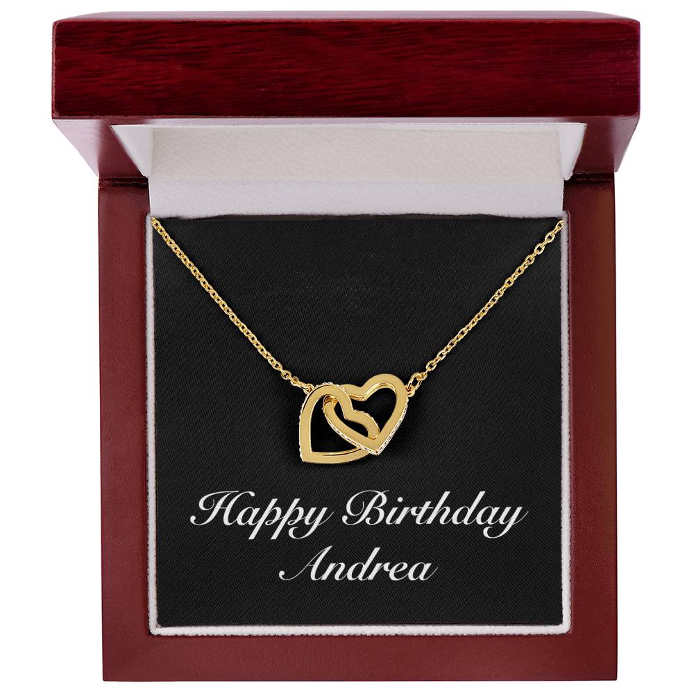 Happy Birthday Andrea v2 - 18K Yellow Gold Finish Interlocking Hearts Necklace With Mahogany Style Luxury Box