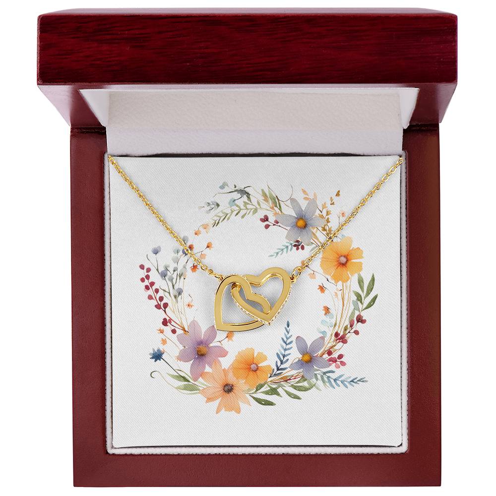 Boho Flowers Wreath Watercolor 10 - 18K Yellow Gold Finish Interlocking Hearts Necklace With Mahogany Style Luxury Box