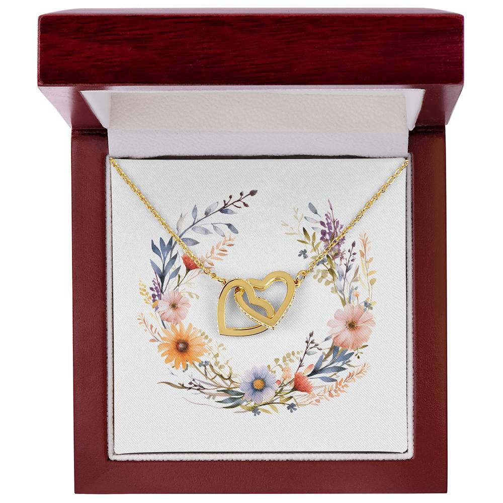 Boho Flowers Wreath Watercolor 19 - 18K Yellow Gold Finish Interlocking Hearts Necklace With Mahogany Style Luxury Box
