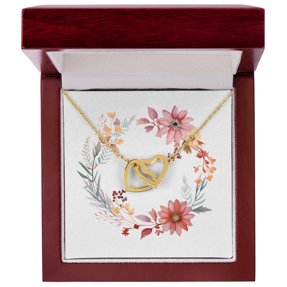 Boho Flowers Wreath Watercolor 20 - 18K Yellow Gold Finish Interlocking Hearts Necklace With Mahogany Style Luxury Box