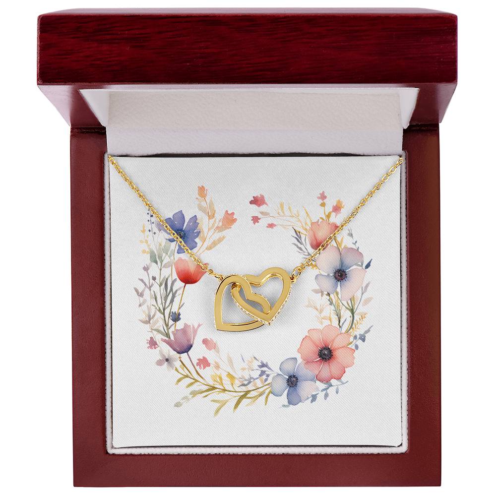 Boho Flowers Wreath Watercolor 18 - 18K Yellow Gold Finish Interlocking Hearts Necklace With Mahogany Style Luxury Box