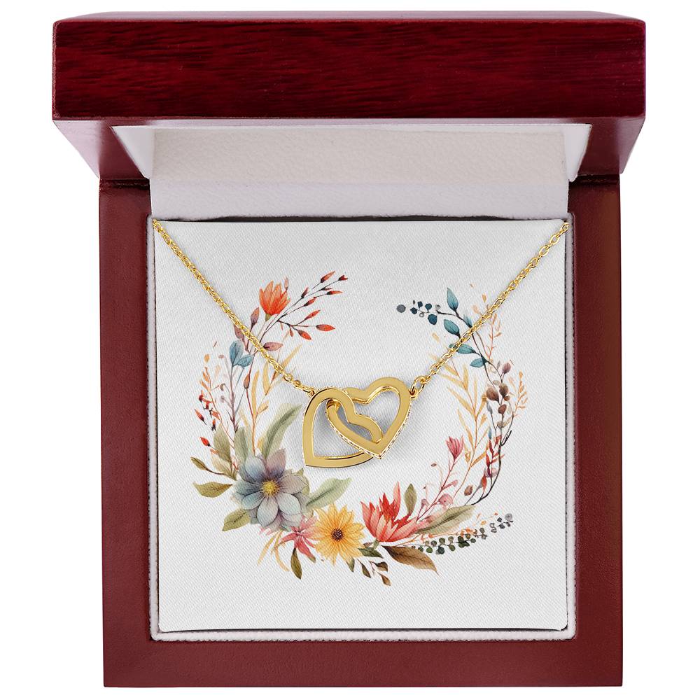 Boho Flowers Wreath Watercolor 17 - 18K Yellow Gold Finish Interlocking Hearts Necklace With Mahogany Style Luxury Box