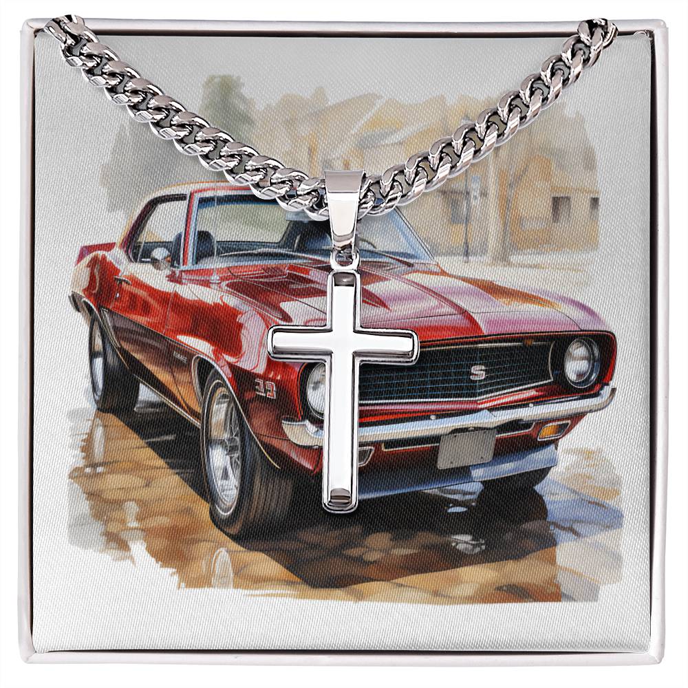 Muscle Car 04 - Stainless Steel Cuban Link Chain Cross Necklace
