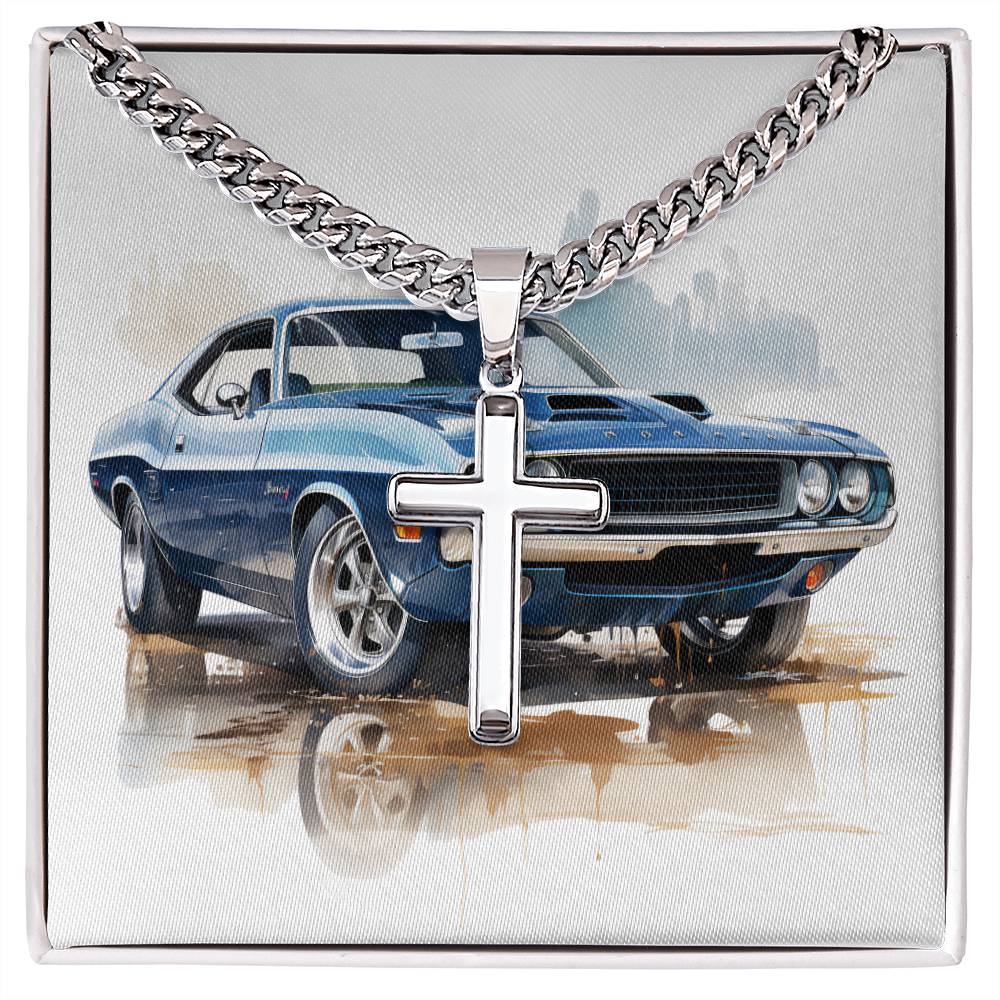 Muscle Car 02 - Stainless Steel Cuban Link Chain Cross Necklace