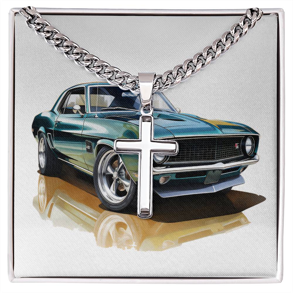 Muscle Car 11 - Stainless Steel Cuban Link Chain Cross Necklace