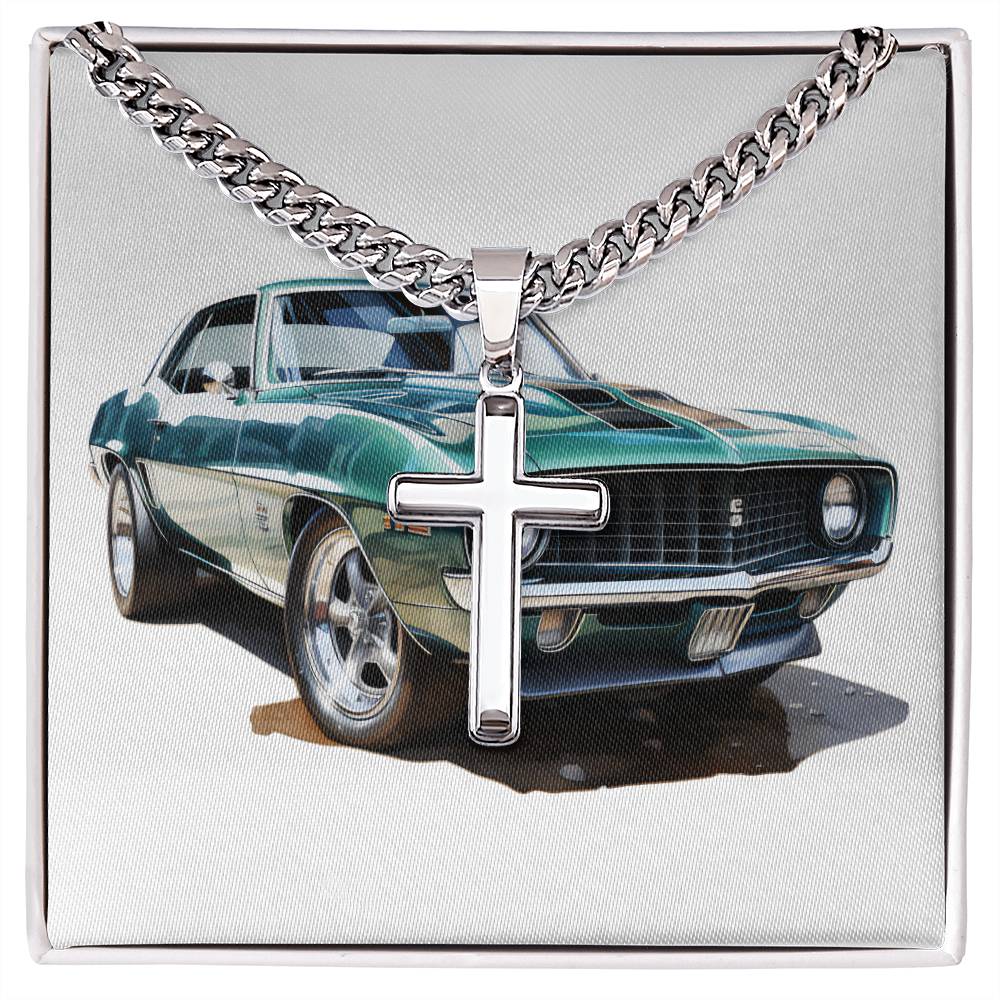 Muscle Car 09 - Stainless Steel Cuban Link Chain Cross Necklace